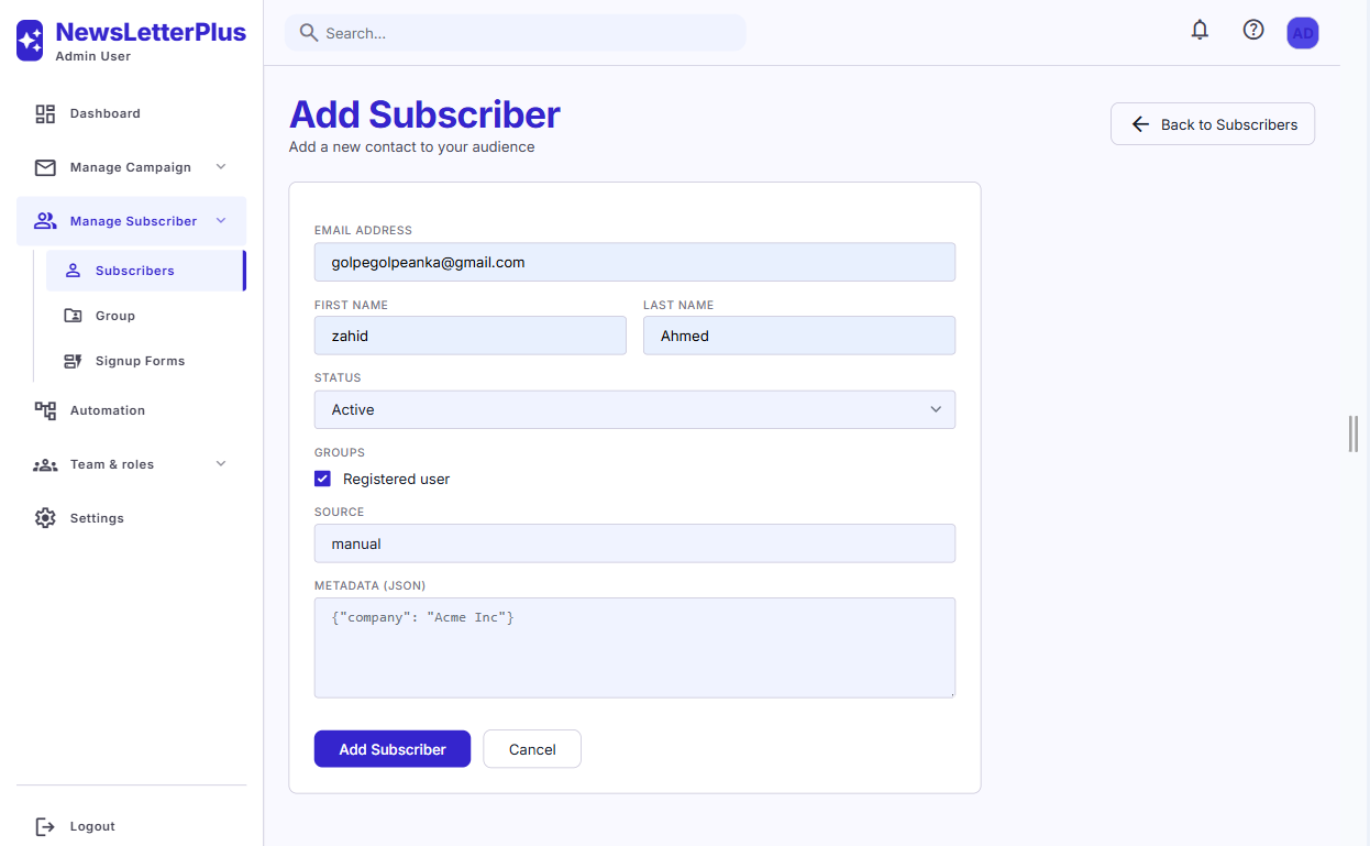 Add subscriber form with email, name, status, groups, and metadata